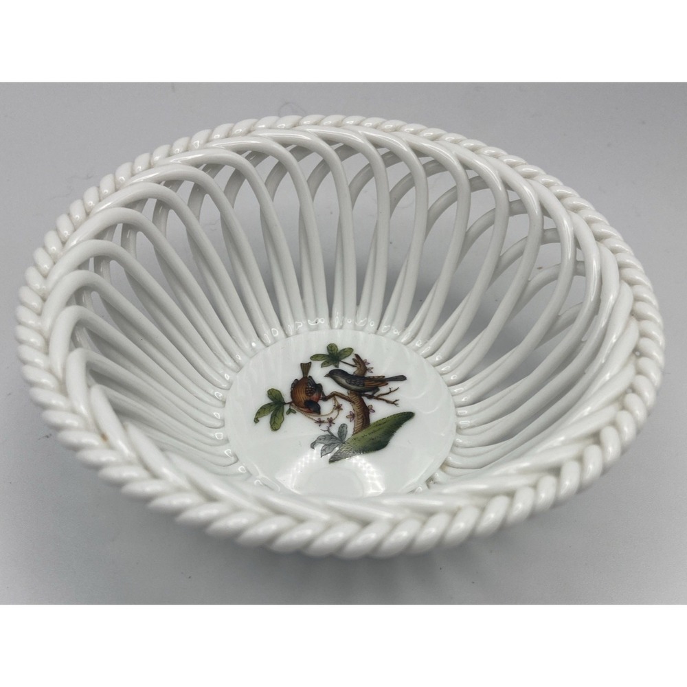 Herend Rothschild Bird‎ 4" Round Open Weave Basket Woven Bowl Neckace Candy